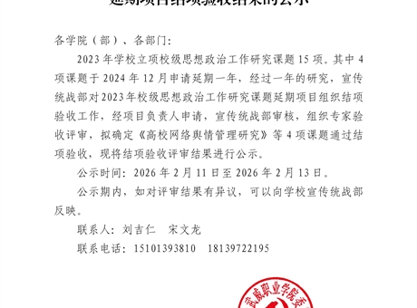 關于學校2023年度思想政治工作研究課題延期項目結(jié)項驗收結(jié)果的公示